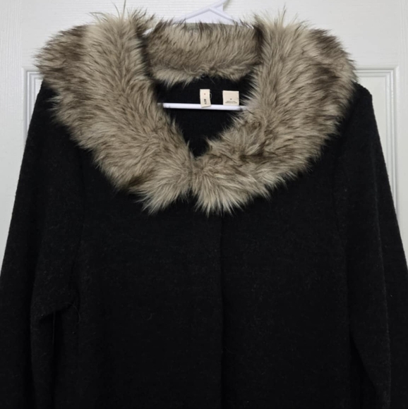 MOTH for Anthropologie heathered slate Wool sweater jacket cardigan fur collar - Picture 12 of 12